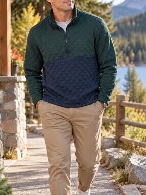 Eddie Bauer Men’s Quilted Half Zip Pullover Dark Green Navy Outdoor Sweater